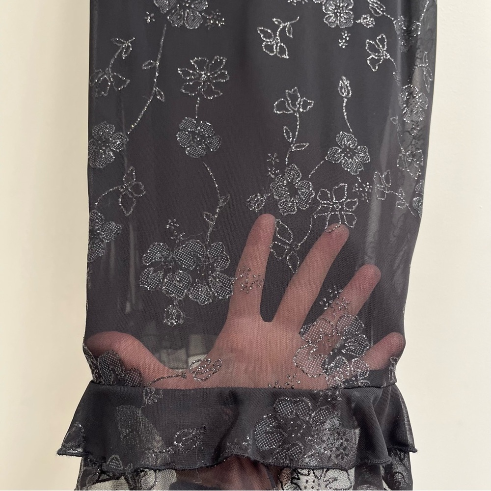 Vintage Y2K Black Floral Silver Glitter Sheer Overlay Mesh Dress Ruffle Hem L - Picture 2 of 11